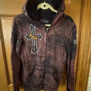 Sinful Burgundy Hoodie with Embroidered Cross